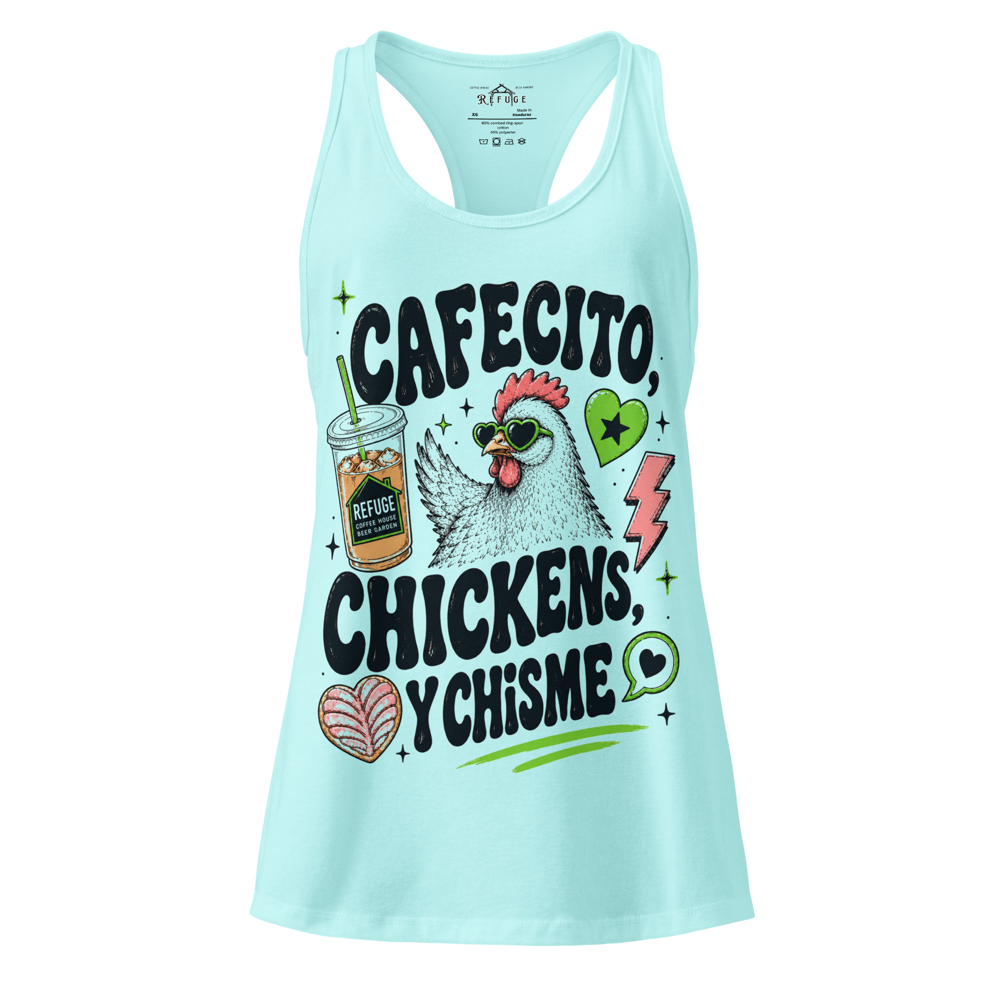 Cafecito, Chickens, y Chisme | Women’s racerback tank top